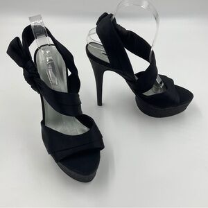 H by Halston Gloria Black Satin Stiletto Platform Heels Glitter Mobwife Ribbon 9